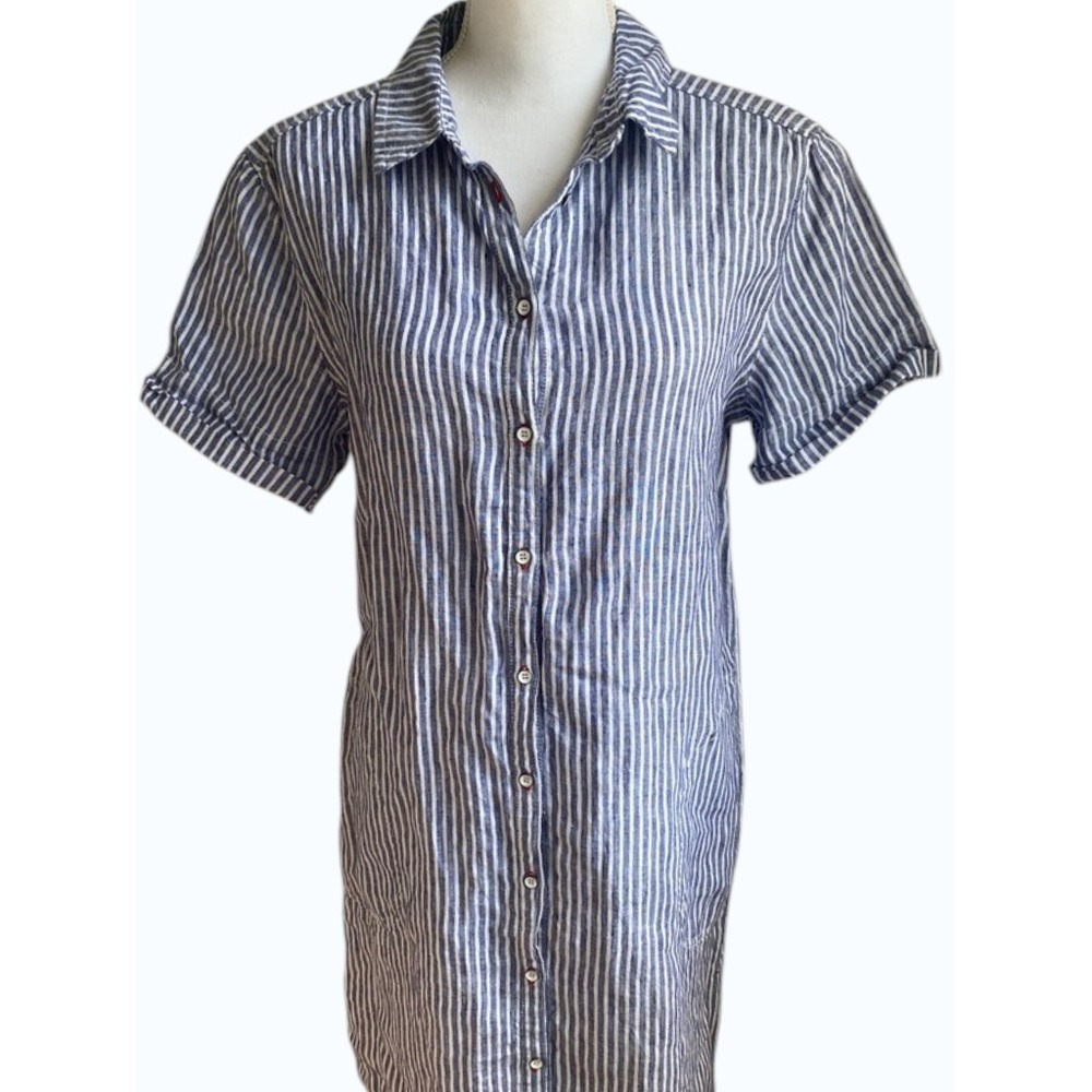 Tahari 100% Linen Blue and White Striped Shirt Dress Medium